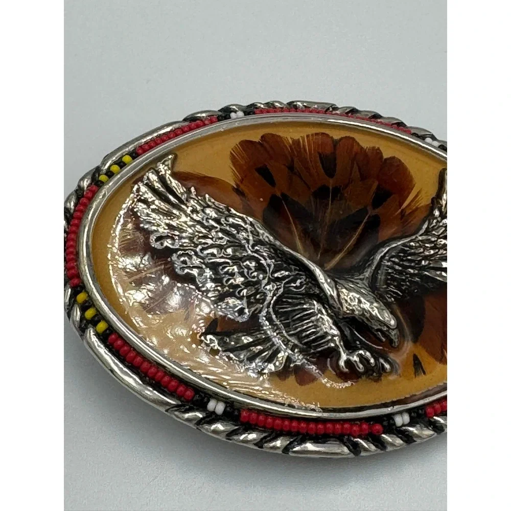 Vintage Western Eagle Feather Resin Belt Buckle Beaded Rope Edge Silver Tone